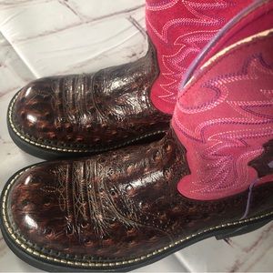 Ariat fat baby women’s boots 6.5 brown ostrich look pink accent purple trim